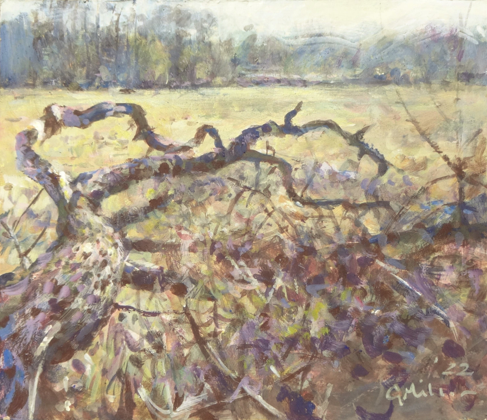 GERRY MILLER Landscape.»Fallen Tree» Acrylic Painting on Board. 25.5x22cm.