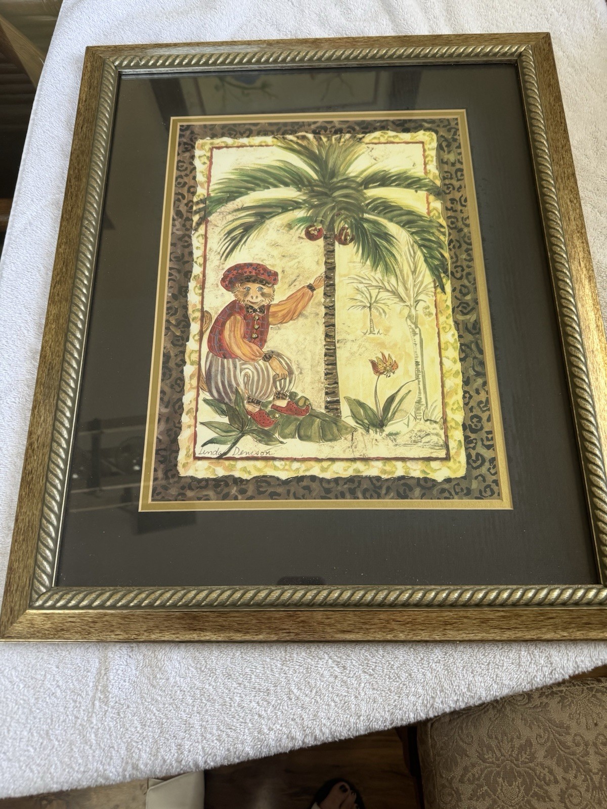 VTG Linda Denison Florida Artist Signed Mixed Media Monkey/Palm Tree Painting