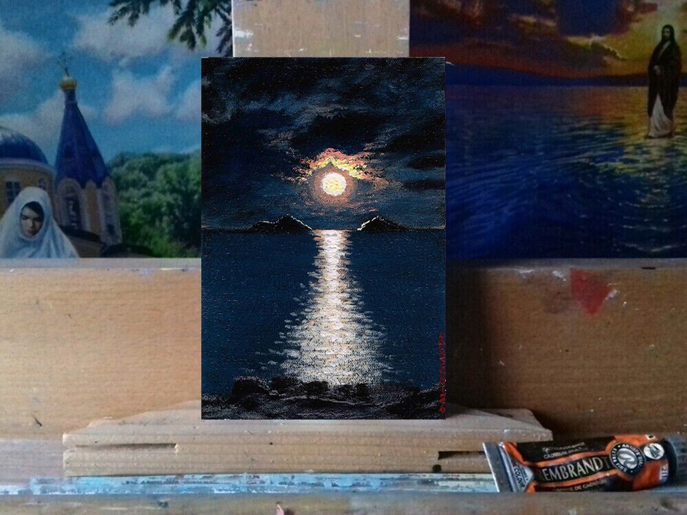 MOON V – Original Oil Miniature 6″x4″ | Moon Reflections Series | NO FRAME