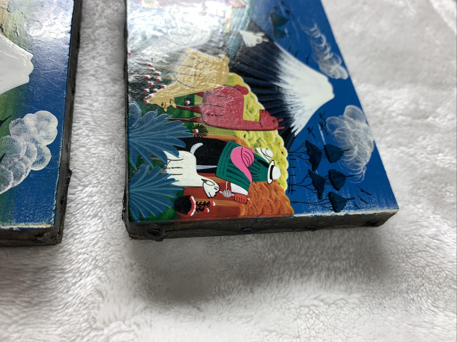 Vintage Cotopaxi Ecuador Mini Paintings Hide Llama Alpaca Signed Pedro Vega Pair