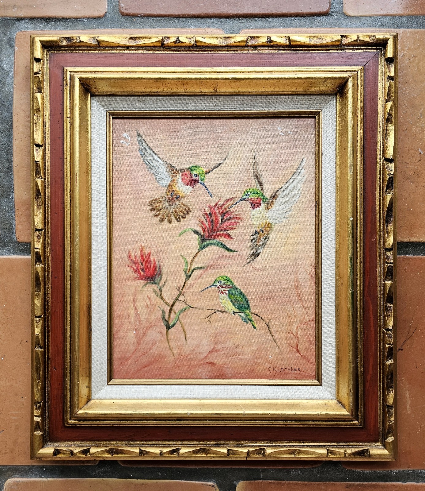 Mid Century Oil Painting HUMMINGBIRDS INDIAN PAINTBRUSH Flowers, MCM ART FRAMED