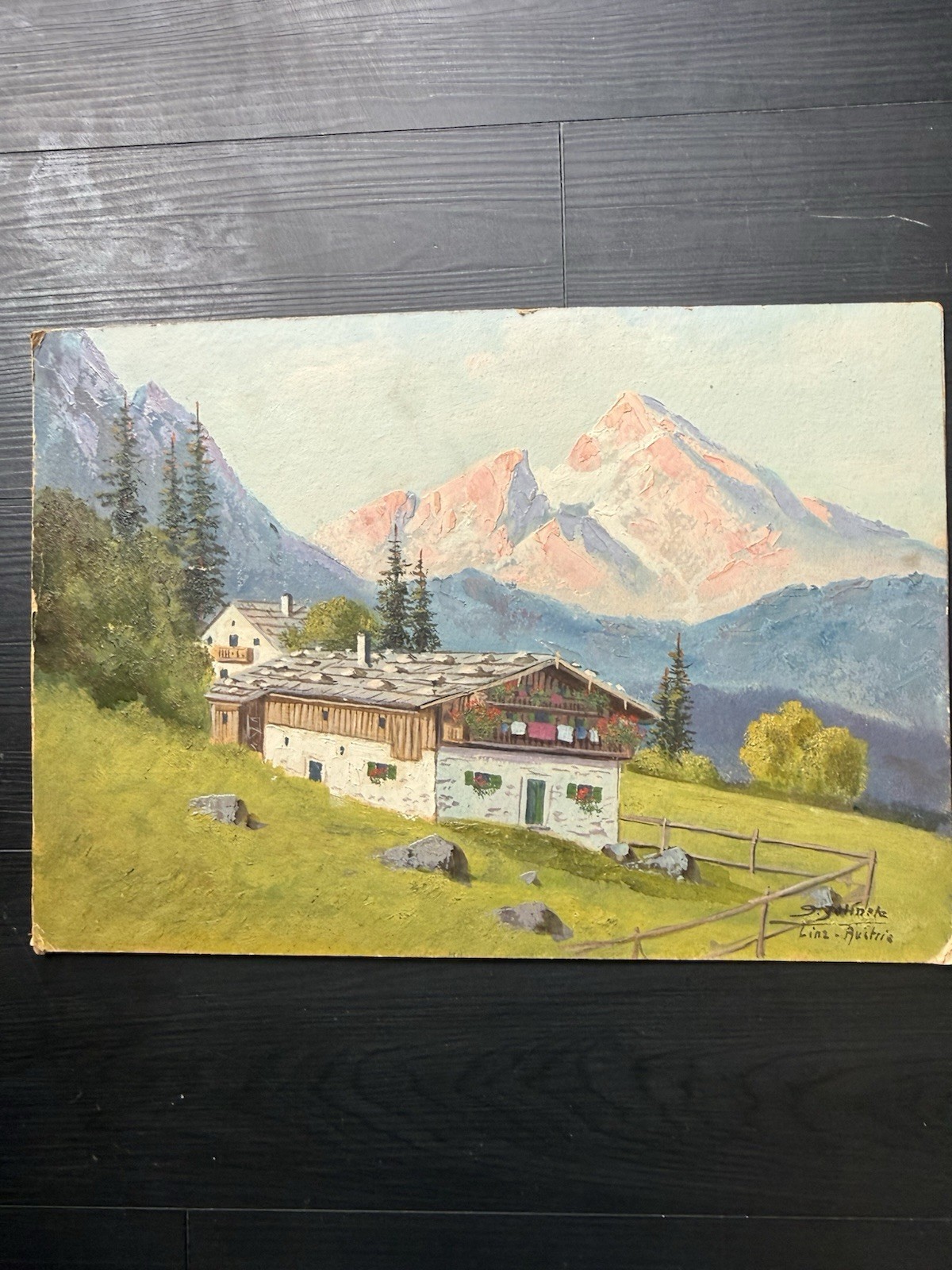 Original acrylic Painting Austria Countryside Vintage Landscape Summer 12.5×18”