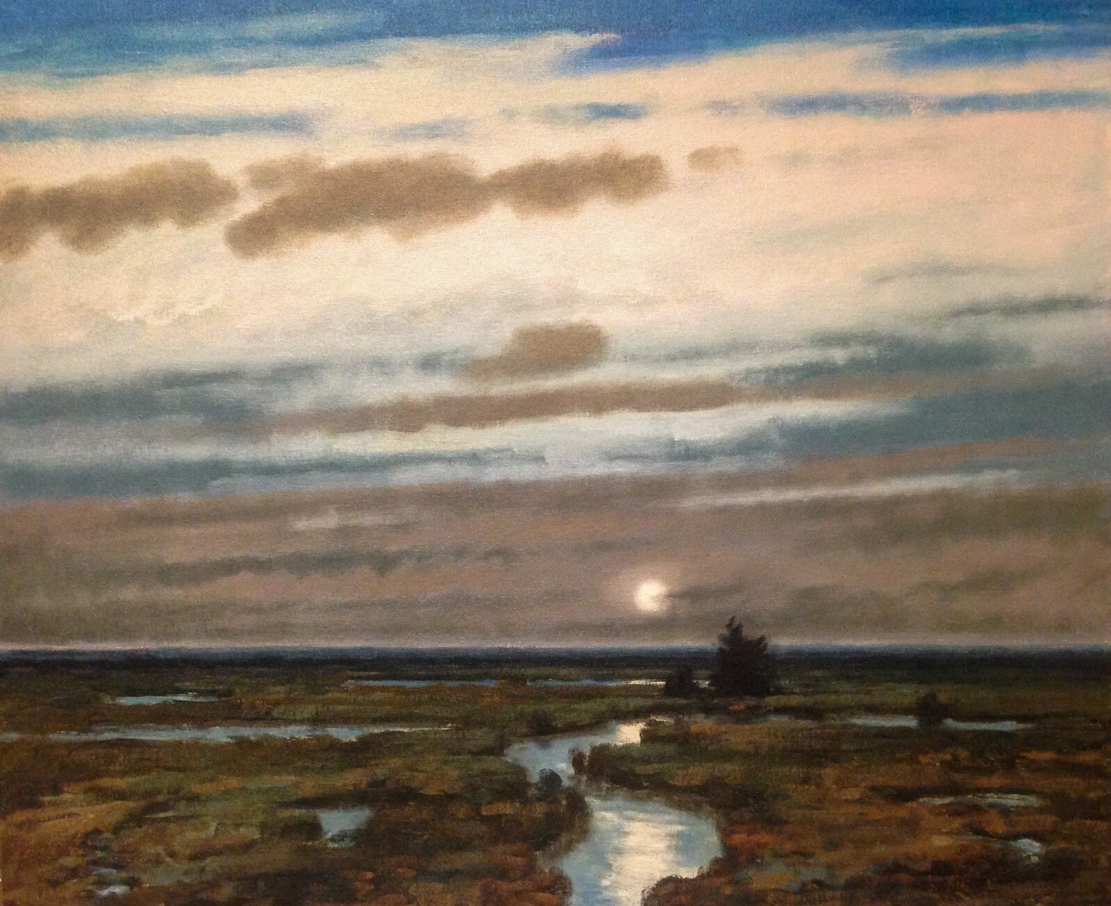Lrg 24×20 Moonrise Fog Tidal marsh Impressionism Landscape Art Oil Painting moon