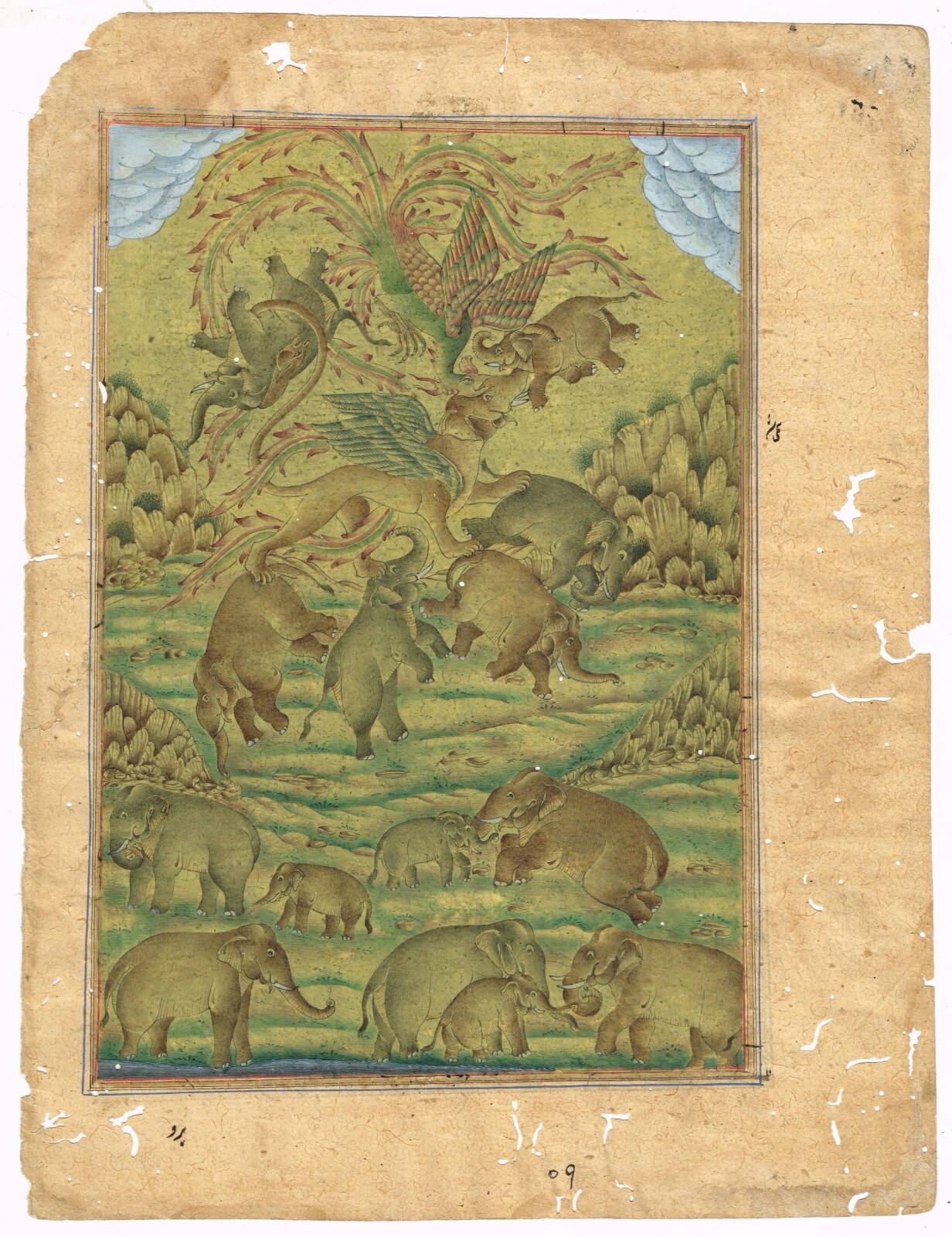 Elephant Old Painting Of Elephant Family Enjoying In The Forest 8.5×11.5 Inches