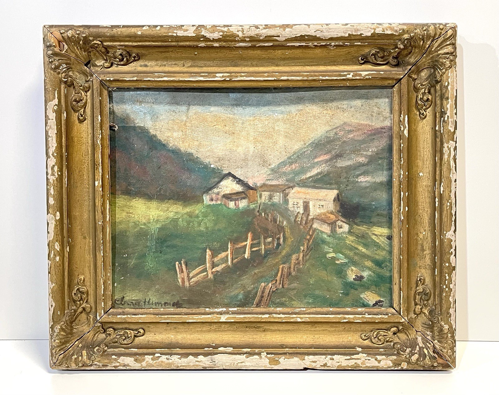 Vintage Folk Art Primitive Painting On Board Framed Signed