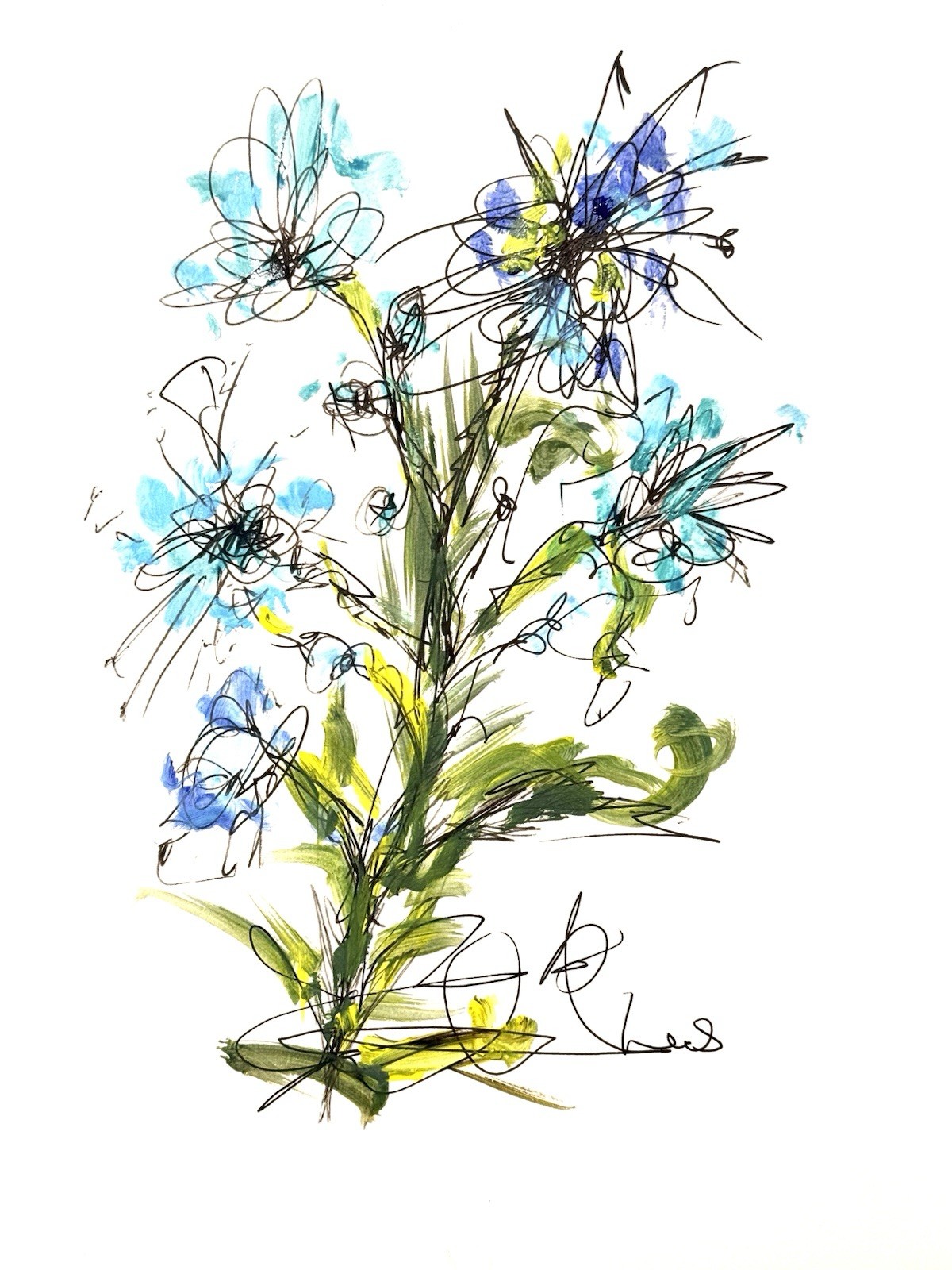 Original Abstract 9×12 Blue Flower Ink Drawing Handmade Bedroom SignedArt 20