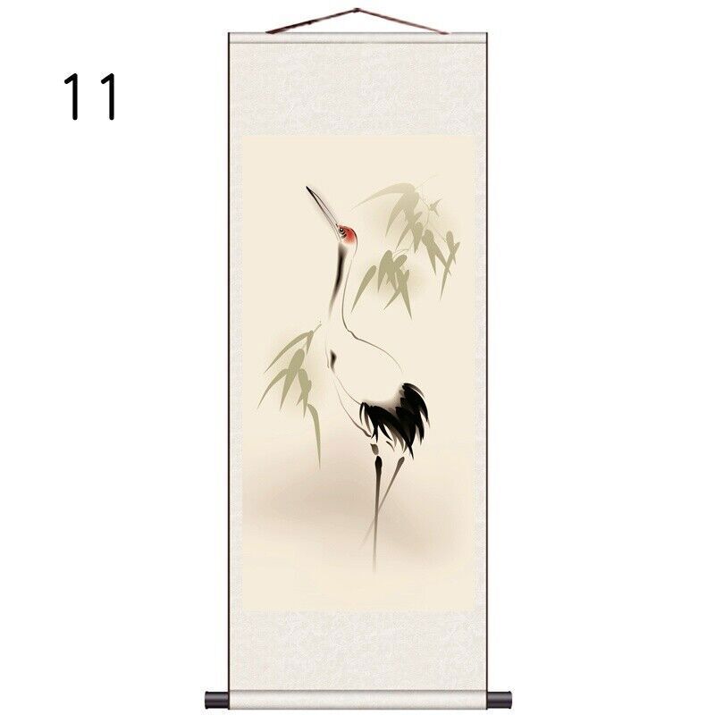1PC Asian Silk Scroll Painting Crane Feng Shui Wall Hanging Artwork Framed