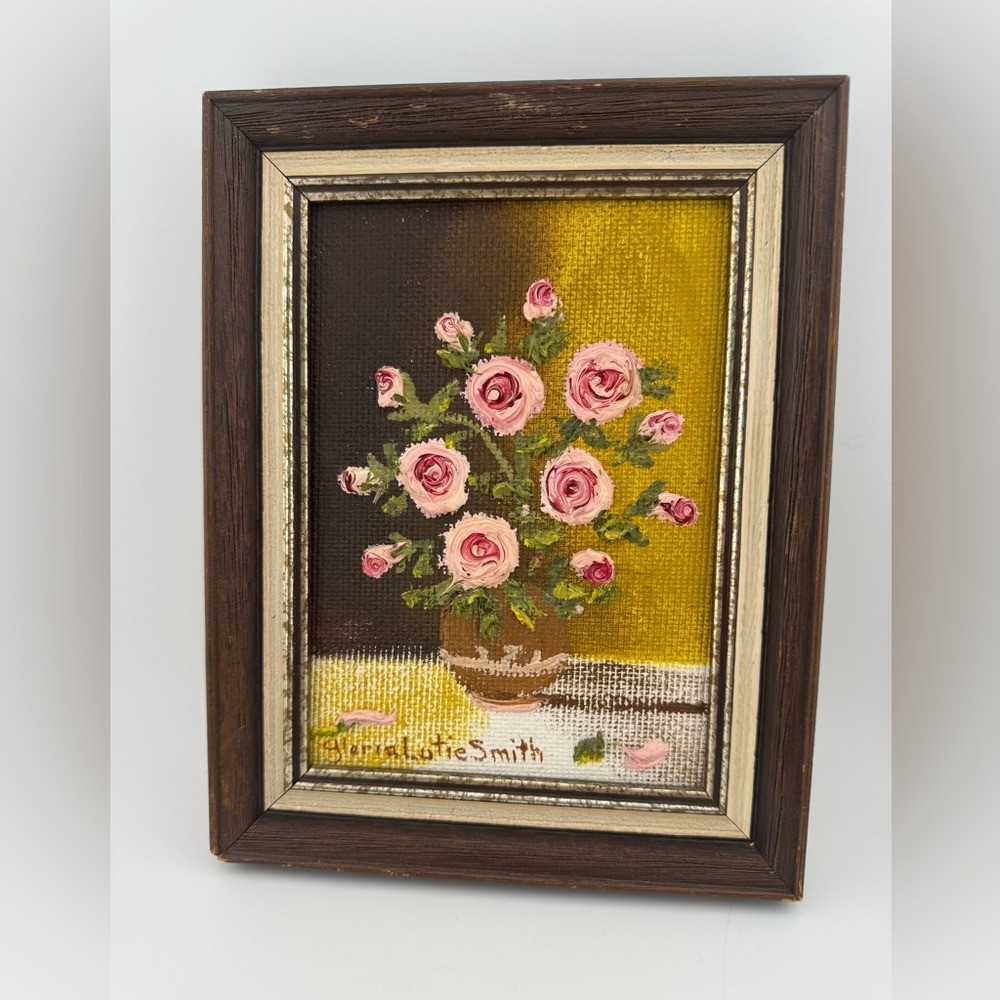 Framed Floral Painting with Pink Roses Signed By Artist