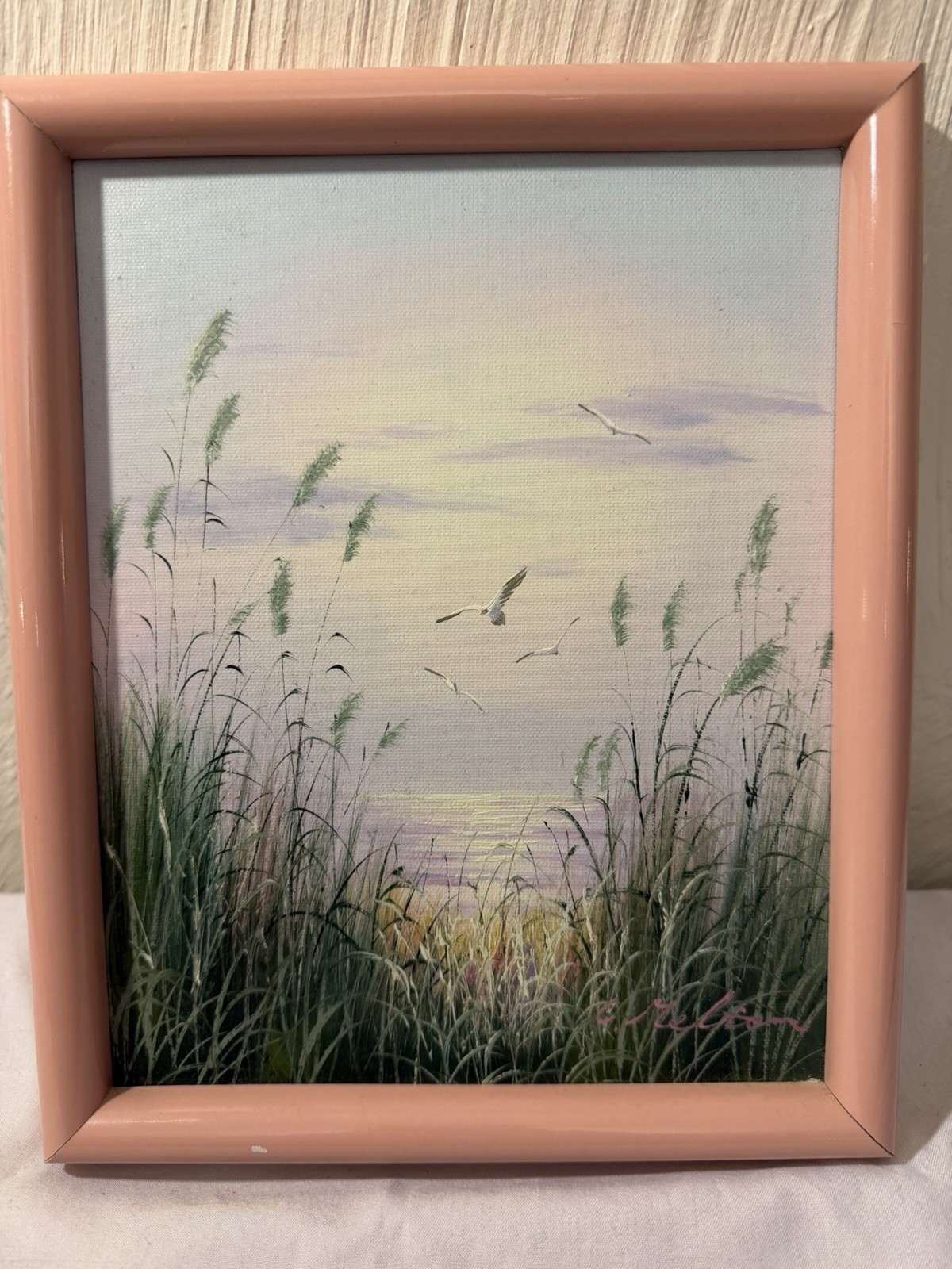 Authentic Catherine Parker Melton Seascape Oil Painting Canvas Pink Frame