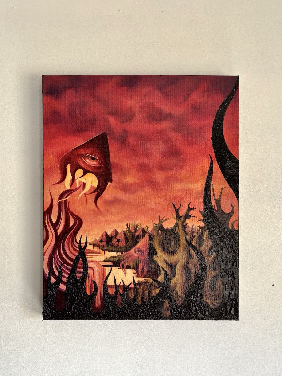 Original Art Surreal Oil Painting Dali Fantasy Red Tree Impasto USA Warm Mikah