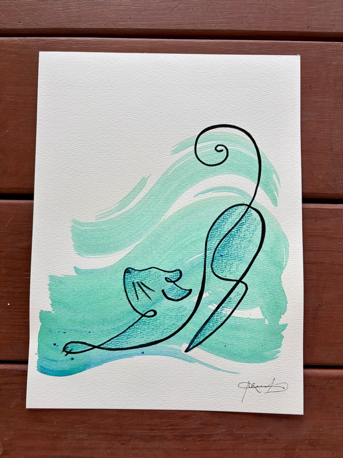 Original Minimal Cat Teal Painting By Alannah Dyer- Acrylic 9×12 in. Trendy Pets