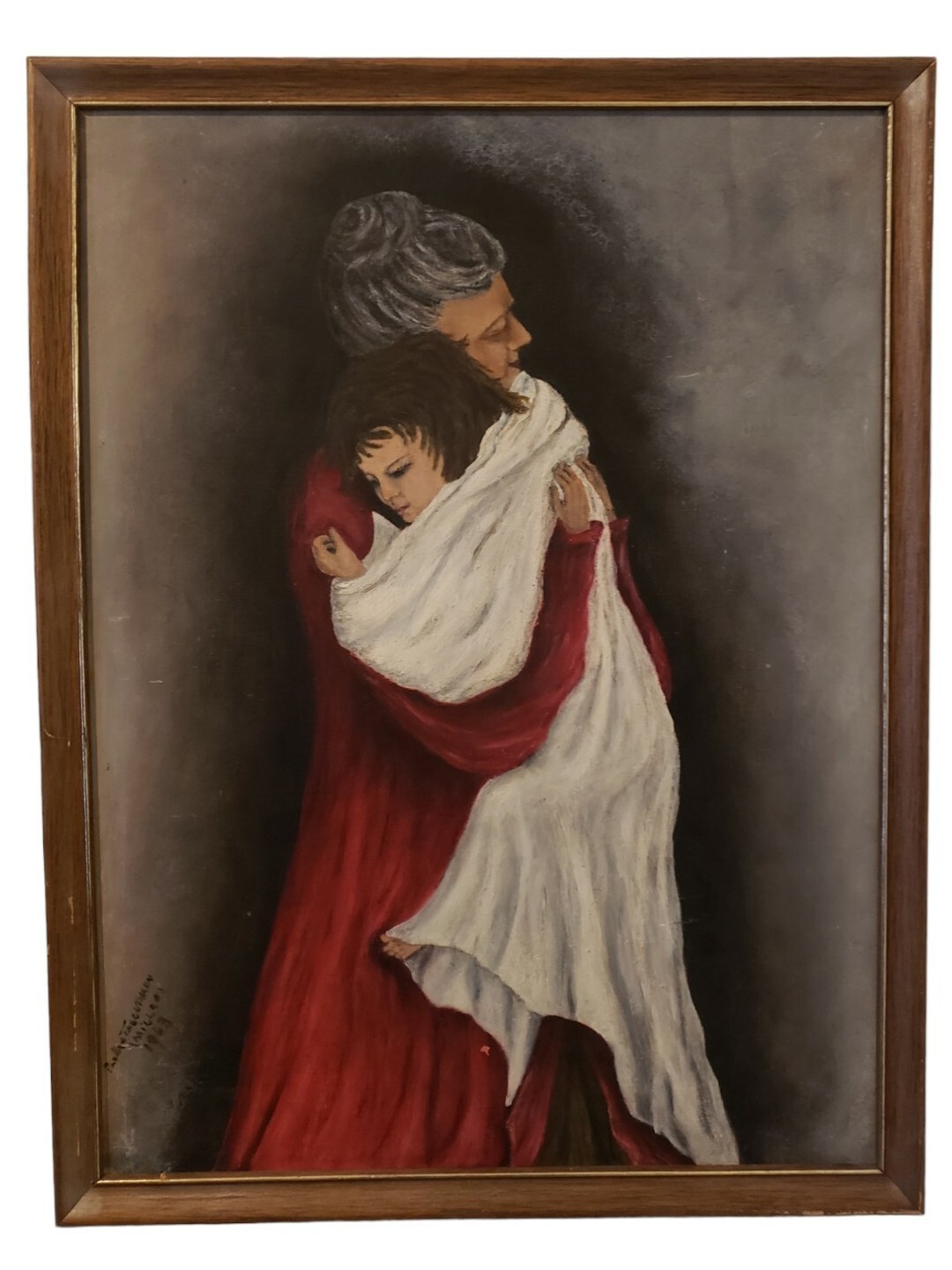Vintage Oil Painting Grandmother Holding Granddaughter 1963 Signed
