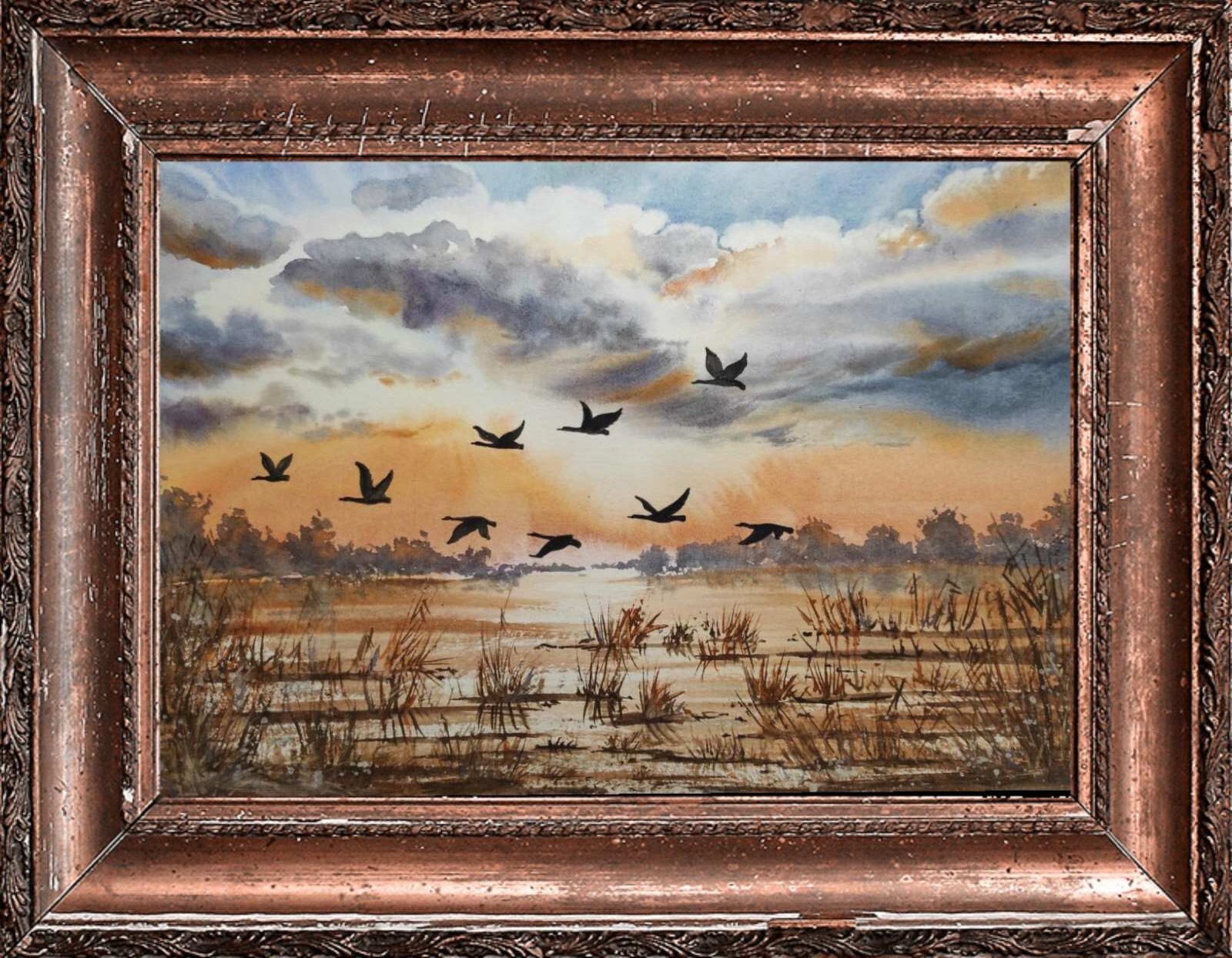DUCKS FLY CLOUDY SKY Original Art Painting Landscape GEESE FLY Bob Ross Style A4