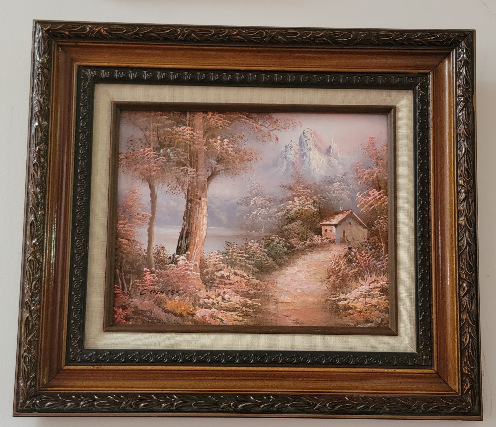 Framed Oil Painting fiber board 15″x13″ Landscape Cabin Forest signed C Inness