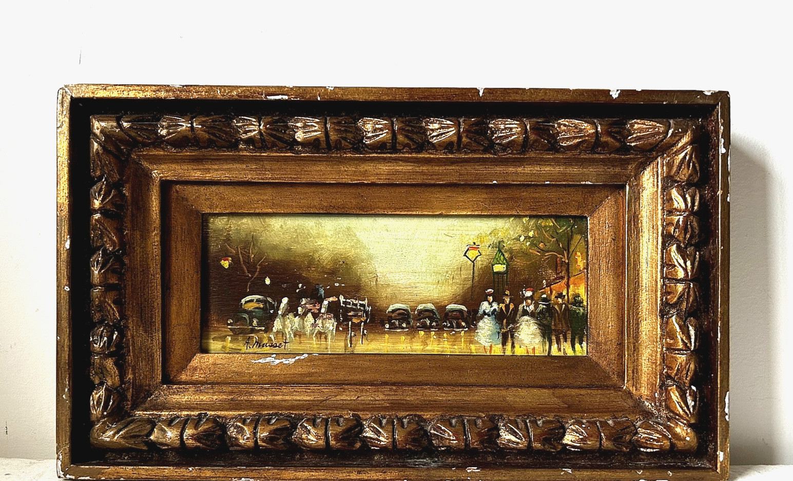 Andre Masset Oil on Wood French Historic Paris Street Scene Framed 14.5»x8.5»