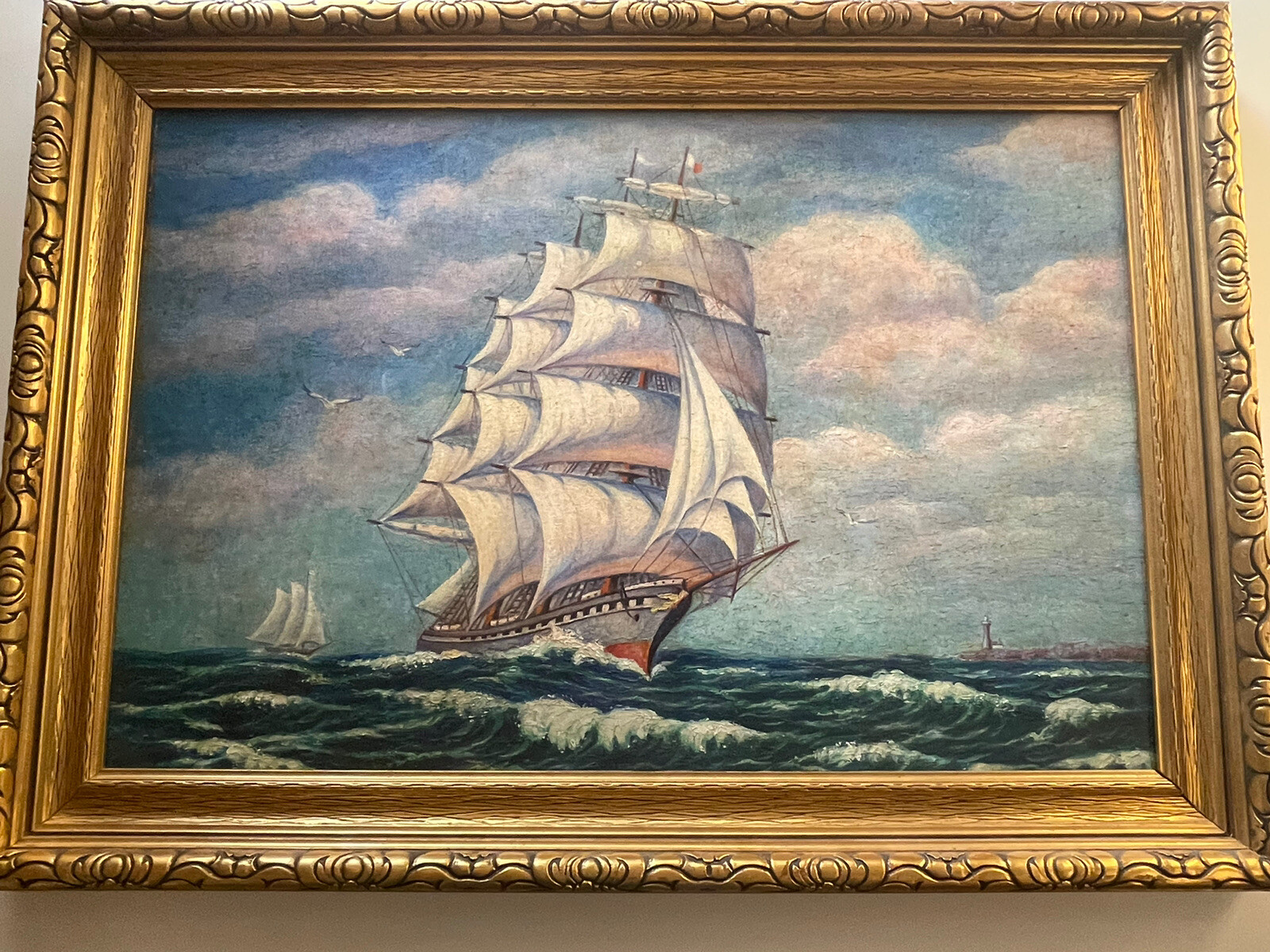 Antique Nautical Painting Seascape American Lighthouse Landscape Coastal Ship
