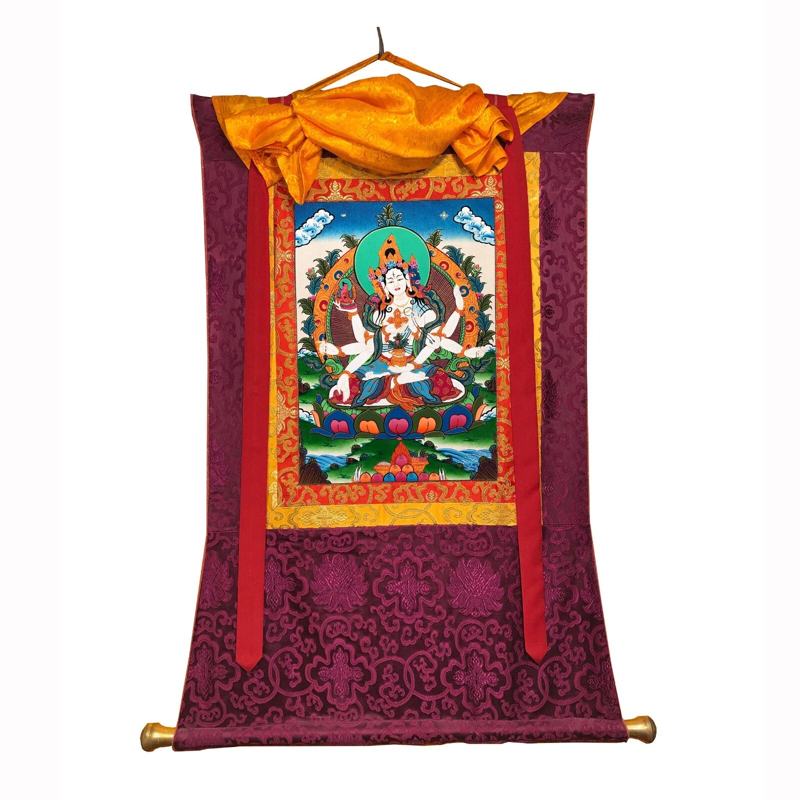 Silk Brocade Namgyalma Thangka Painting, Handmade Tibetan Art on Cotton Canvas