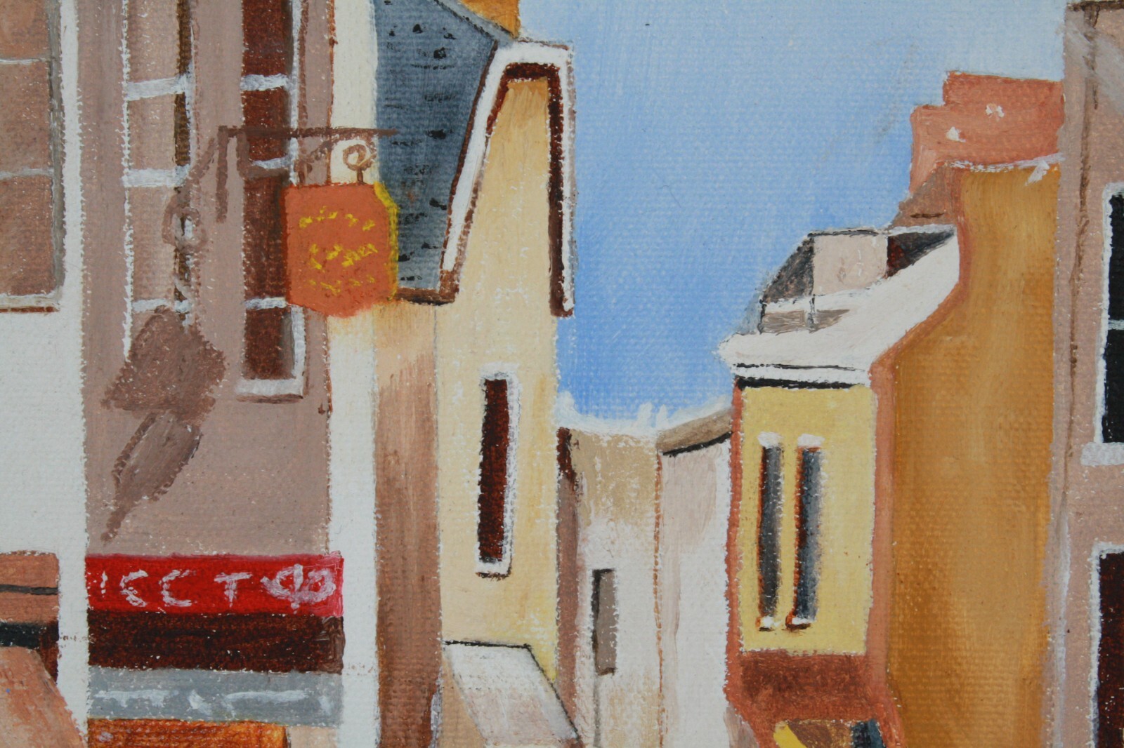 Vintage Cityscape Downtown Cobblestone Street Scene Oil Painting Unsigned Framed