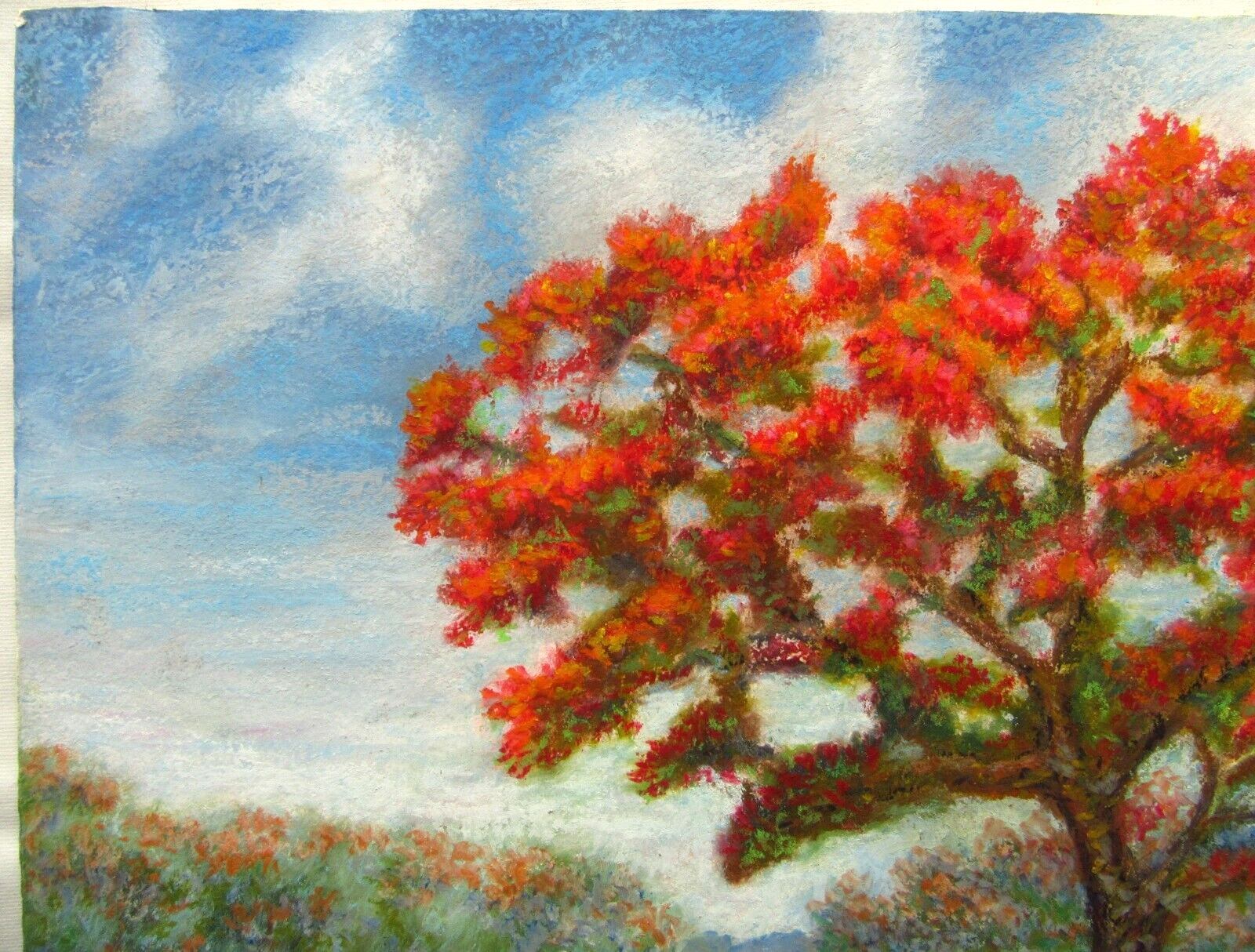 Original Oil Pastel Painting Art Florida Landscape Royal Poinciana Tree Garden