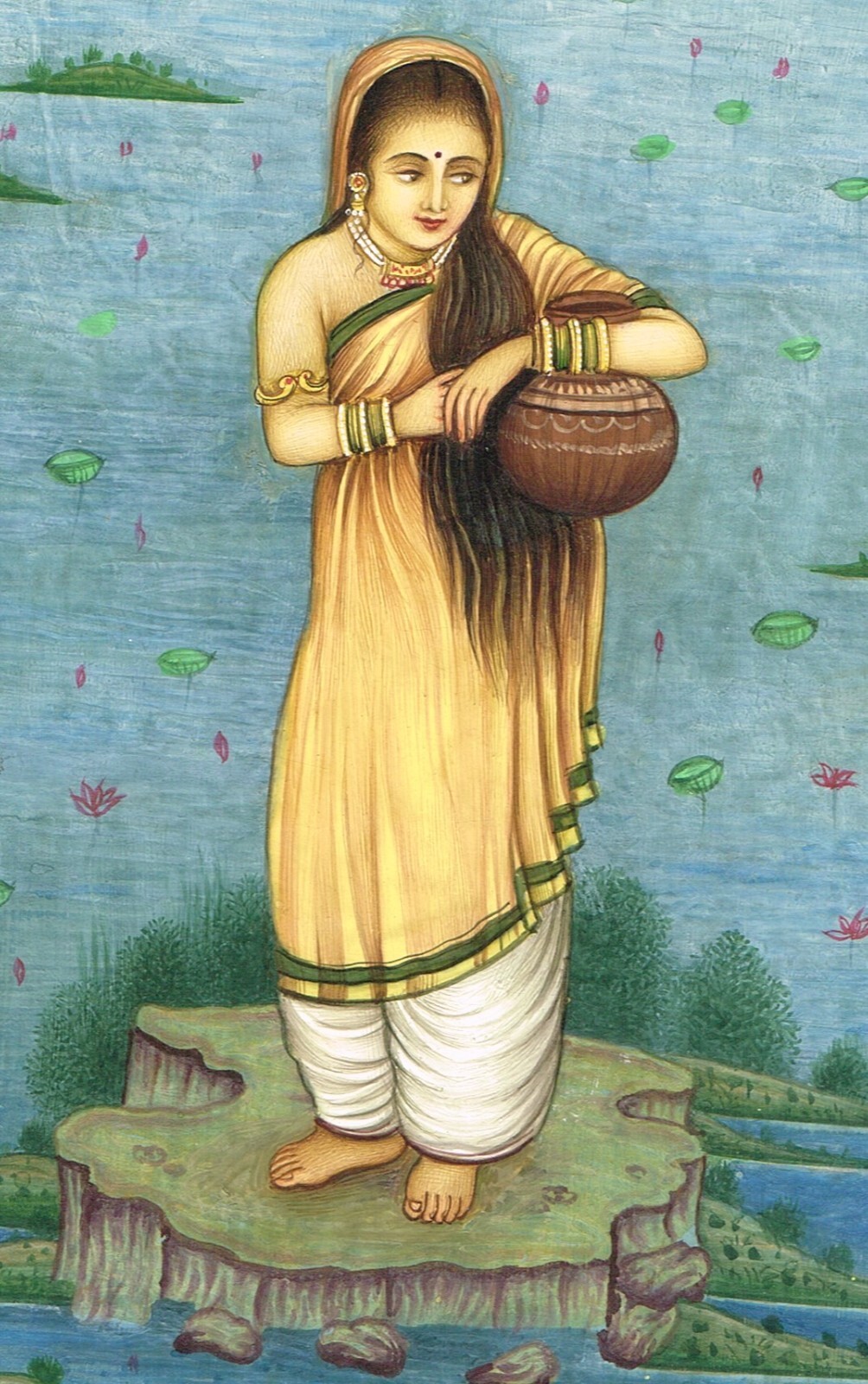Handmade Lady Painting Of A Woman In Lotus River Art On Paper 10.5×13.5 Inches