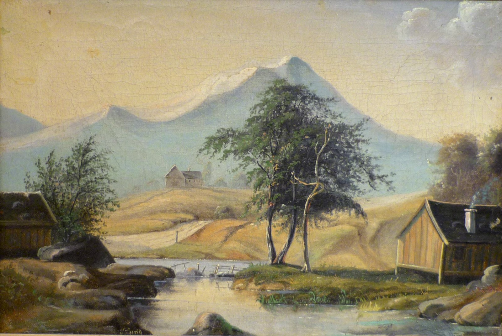 TROELS LUND! MOUNTAIN LANDSCAPE WITH HOUSE AT THE STREAM. PAINTED AROUND 1850