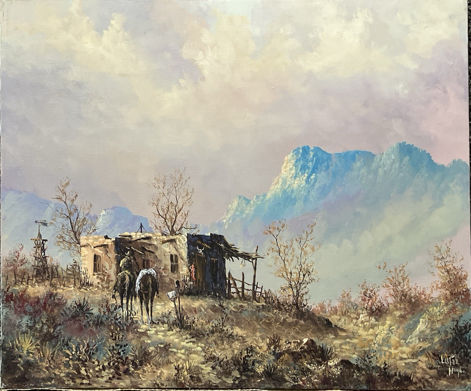 Original Homestead Trading Post Oil Painting On Canvas By Lester Hughes 20×24”