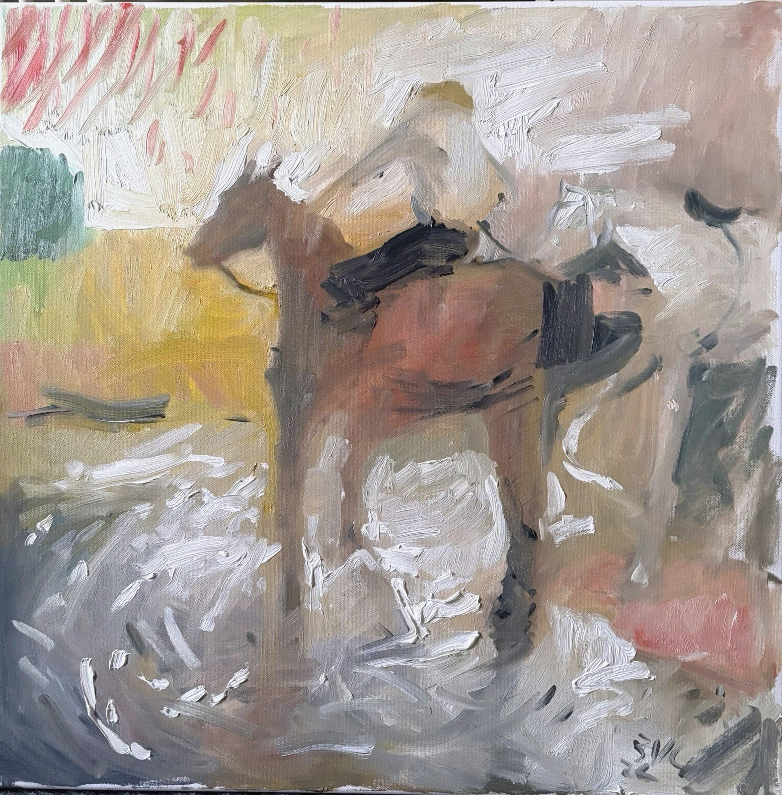 Cowboy Horses Western Ranch Cubist Oil Painting 24”x24” Original Signed Canvas