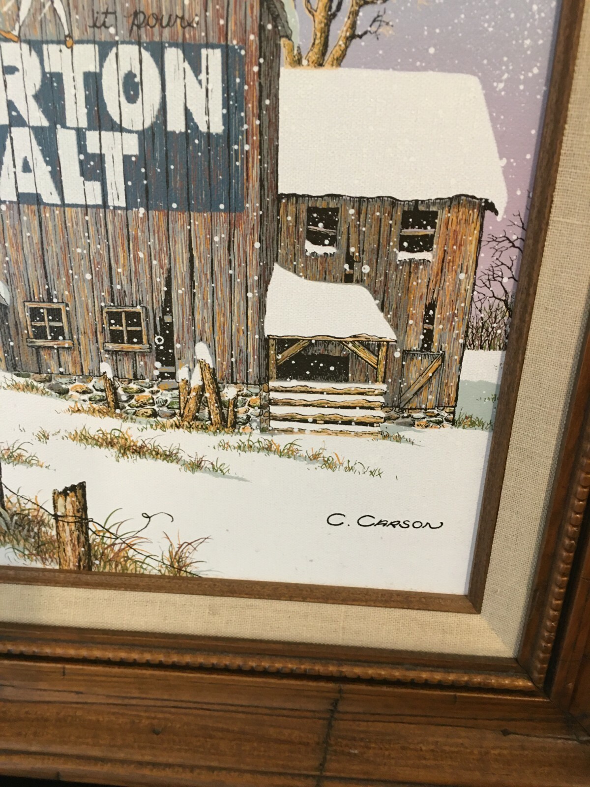 Vintage Framed C. Carson, Morton Salt Barn, Winter Barn Scene Oil on Canvas