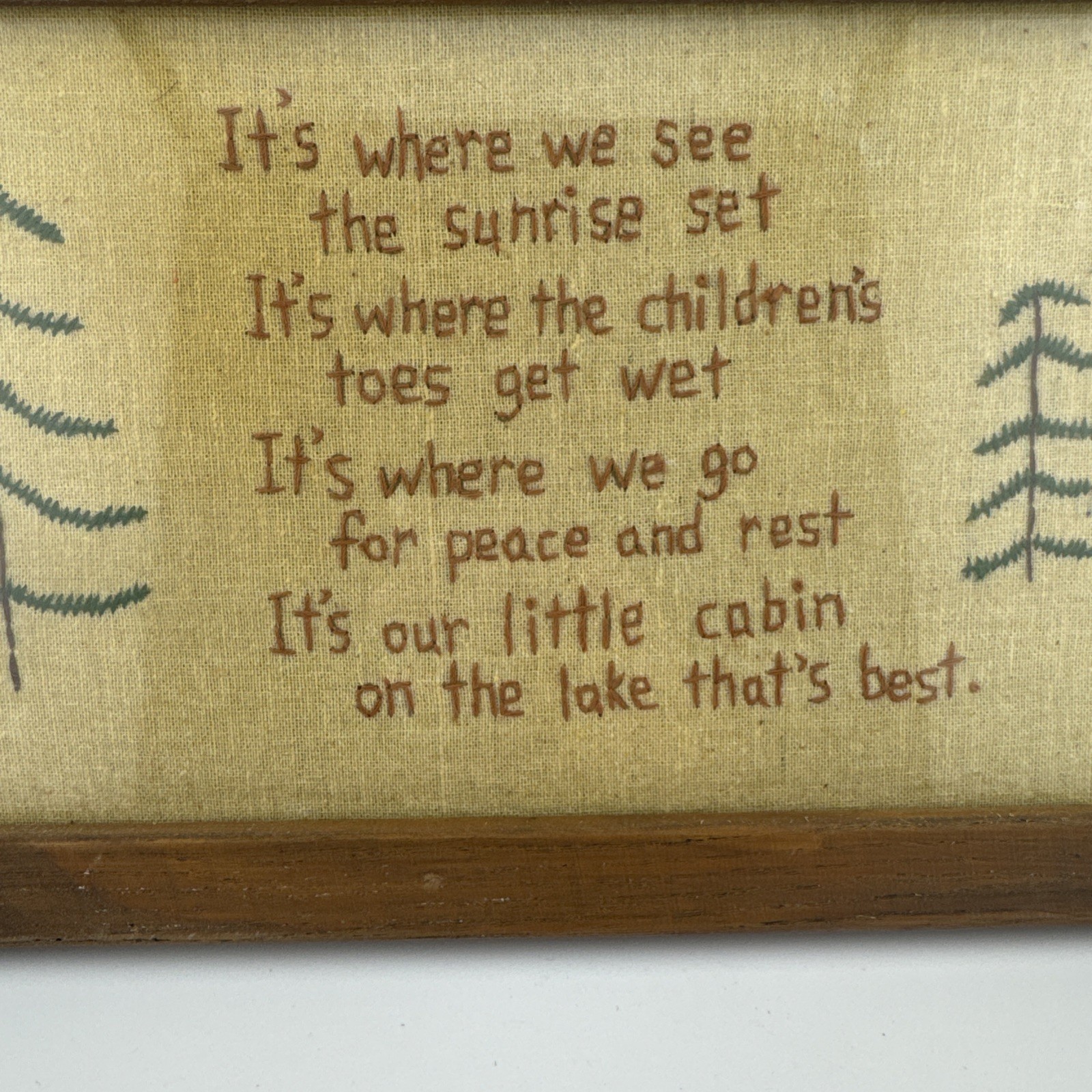 Tree Lake Cabin Handmade Needlepoint Embroidery Textile Art Framed 14×8”
