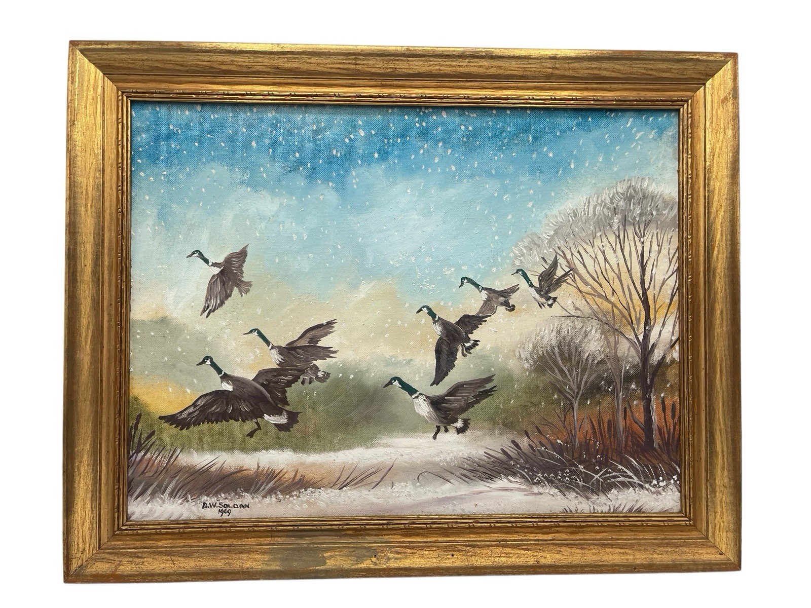 D.W SOLDAN Signed 1969 Winter Flight Of Geese Winter Landscape Orig Painting