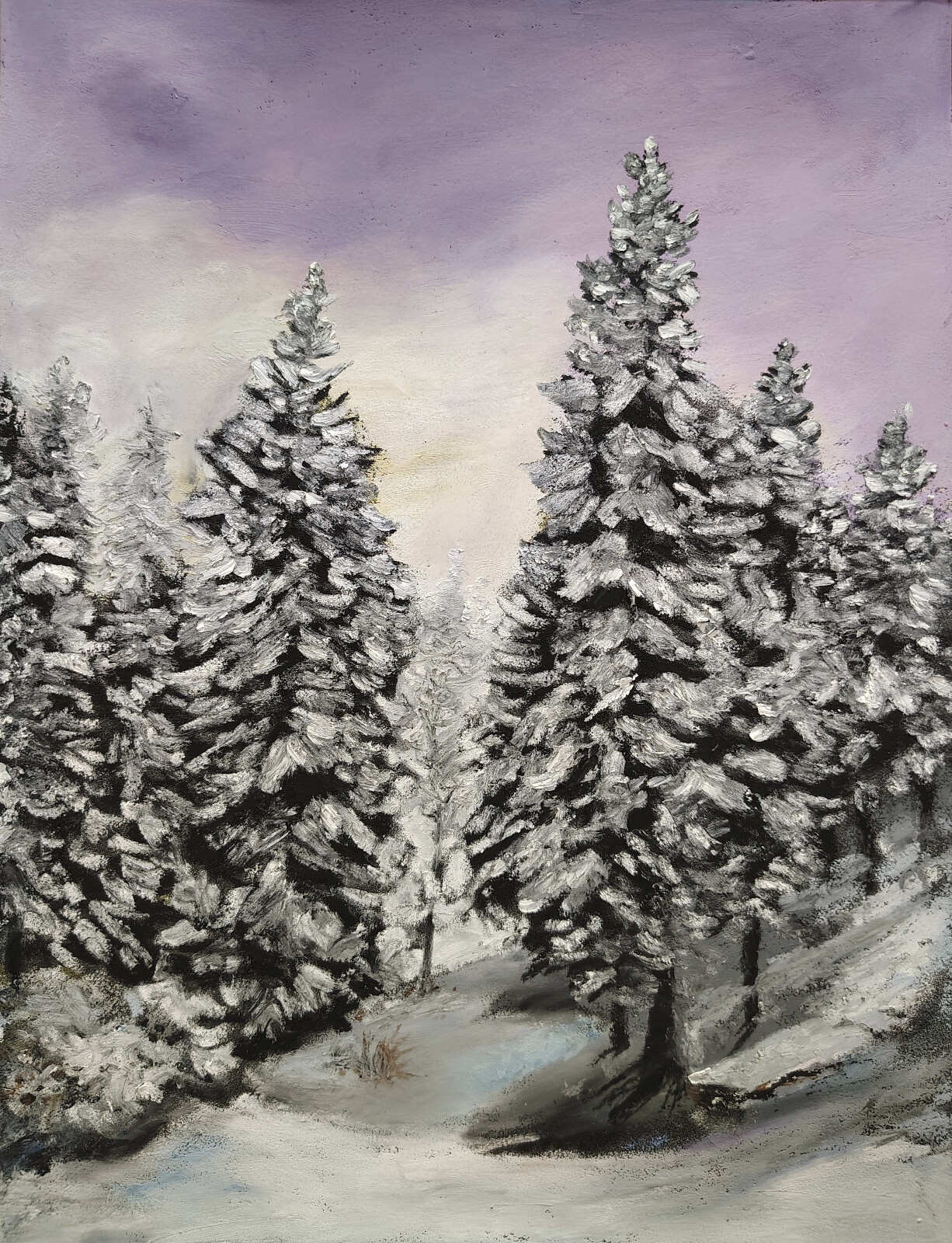 Winter Snow Pine Trees Landscape Original Hand Painted Oil Pastel 7×9.5In Signed