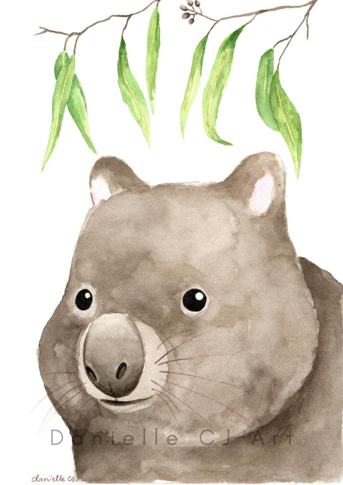 Original A5 Watercolour Wombat with Gum Tree Leaves Painting