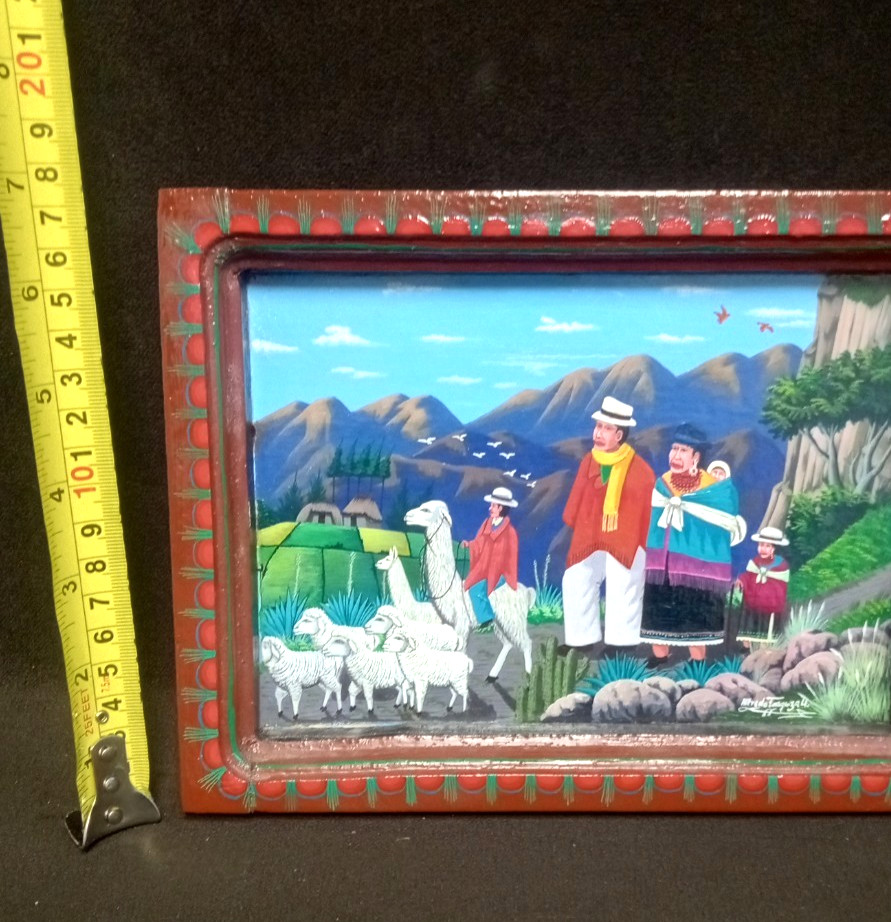 Alfredo Toaquiza Signed Original Tigua Ecuador Folk Art Painting on Sheepskin