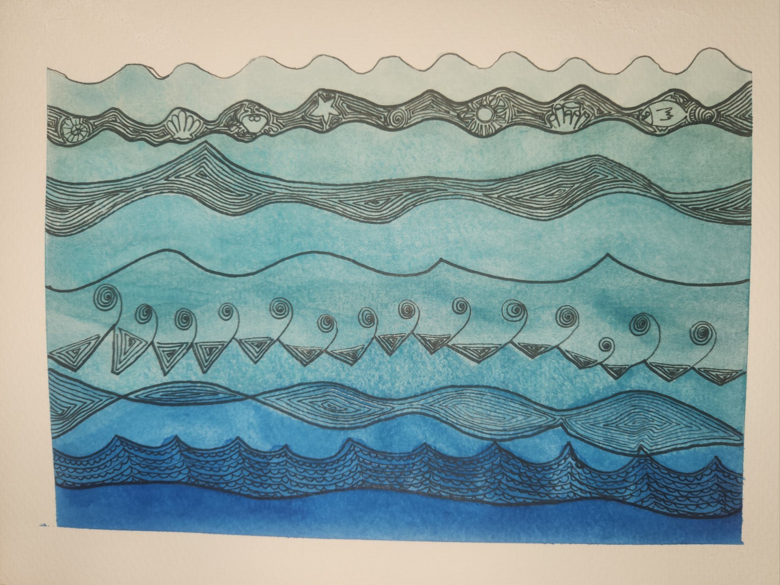 Nautical Patterns- Original Abstract Watercolor Painting W Ink Details, Unframed