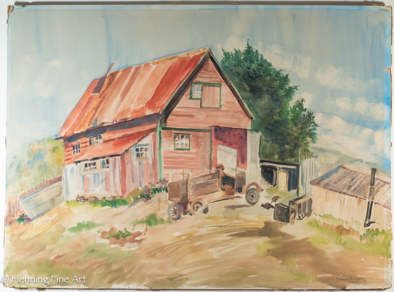 Beautiful Mildred Lusk Watercolor Painting of a Rusty Red Farm House, Signed! 63