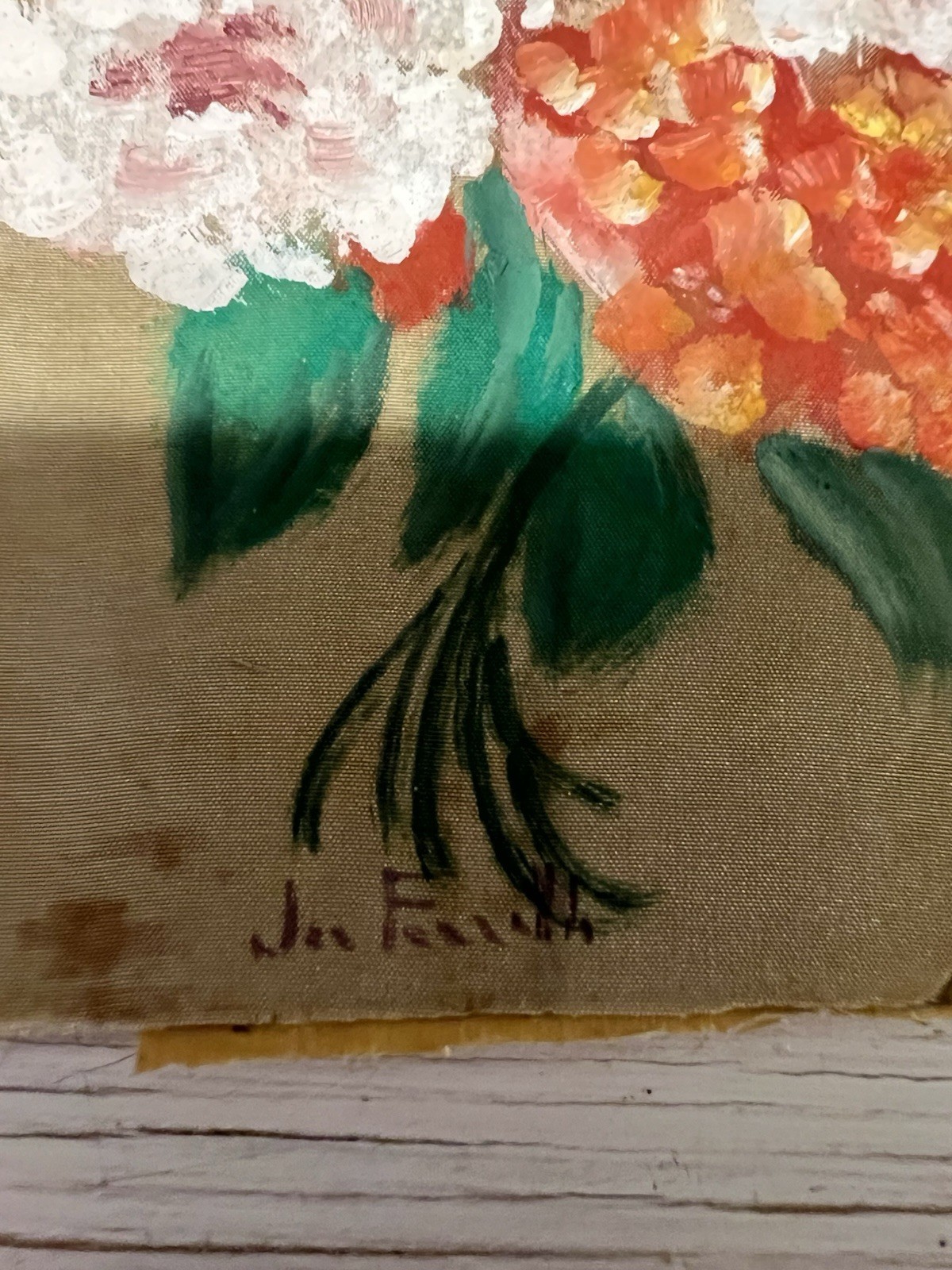 Vintage 5”x7” Hand painted Oil On Fabric Floral In Vintage Frame Signed