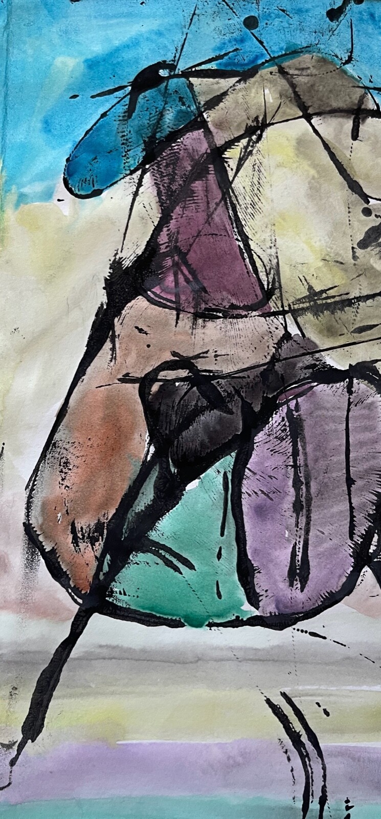 Vintage Framed Abstract Shapes Figures Watercolor Painting Modern Wall Hanging