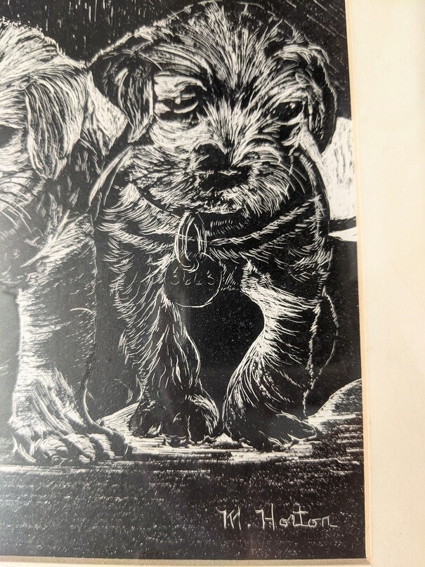 VTG Signed M. Horton Scratchboard Art Two Puppies Animal Portrait