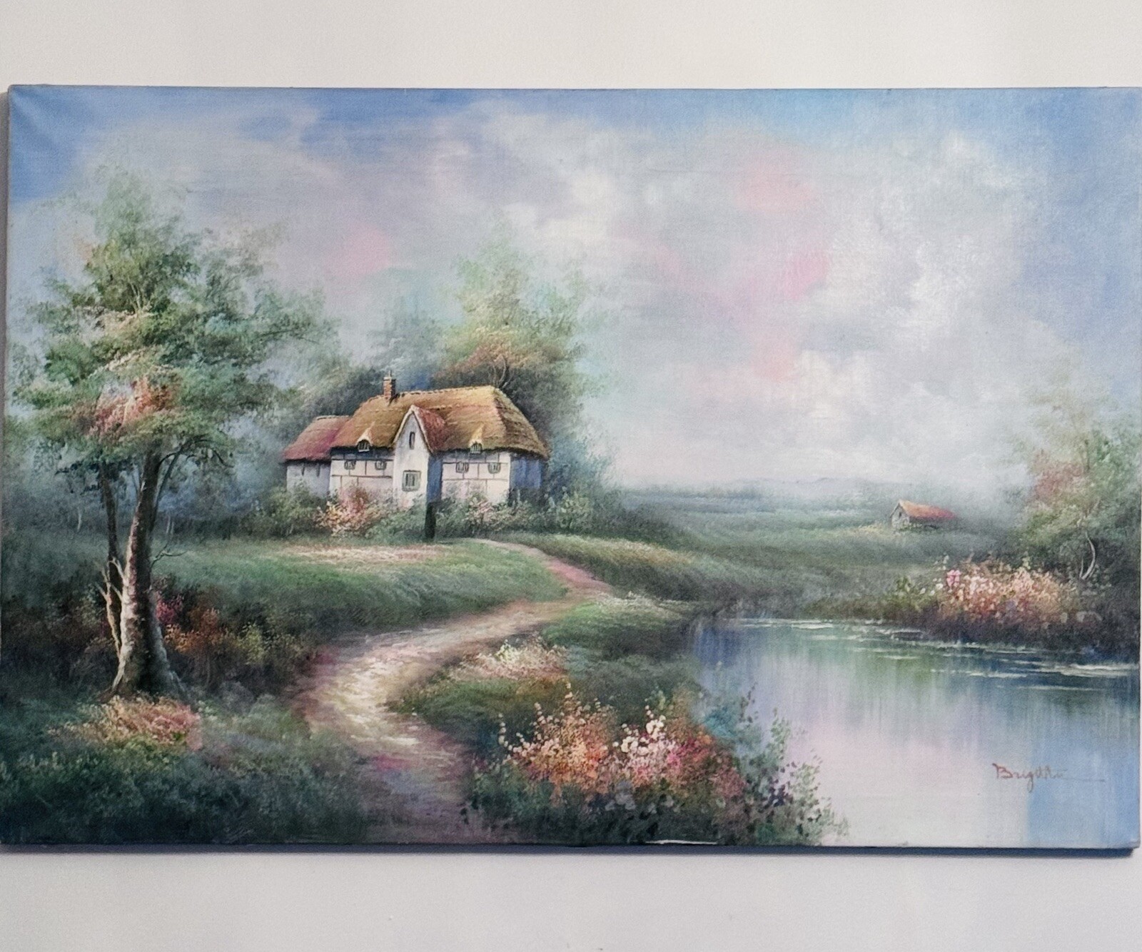 Vintage Brigitte Impressionist English Cottage Landscape Painting Unframed 36”L