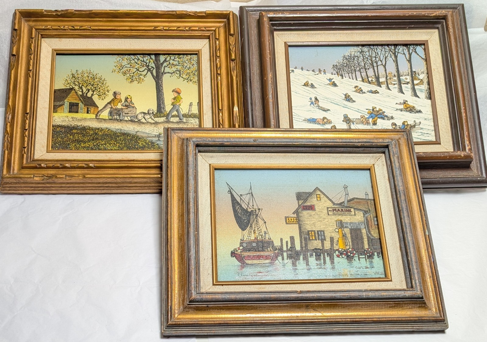 Lot(3) H Hargrove Winter Sledding, Dog Children, Fishing Boat Vintage Paintings