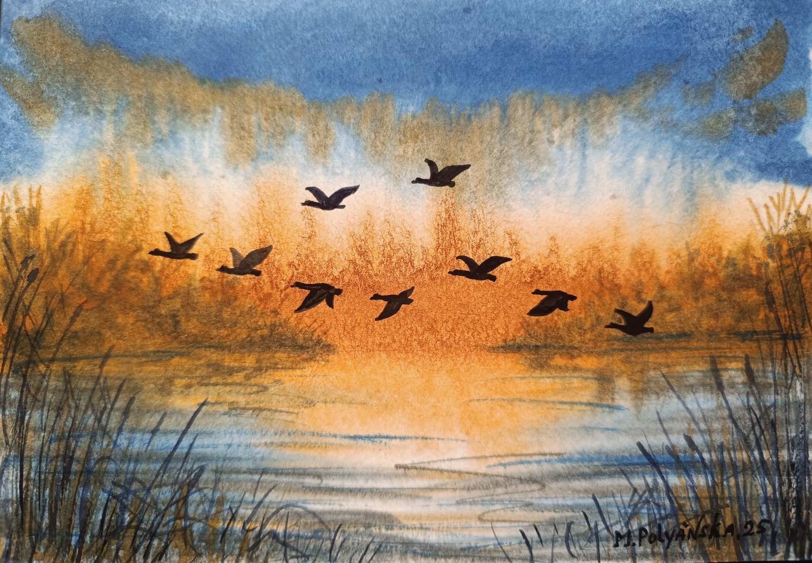 DUCKS FLY SKY Original Artwork Modern Painting Landscape GEESE FLY Seascape Gift