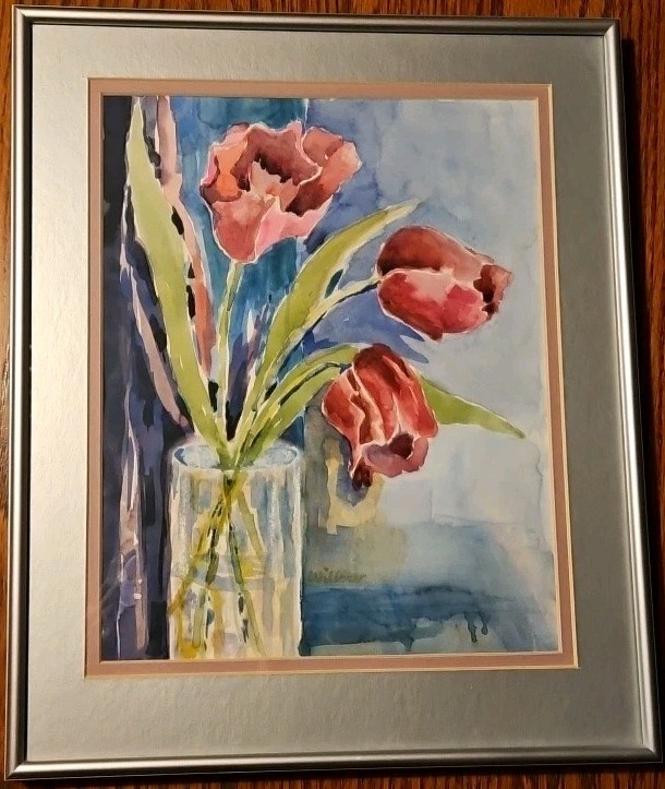 Signed Watercolor Red Tulips – Original Floral Still Life Art Framed 13.75×11.5