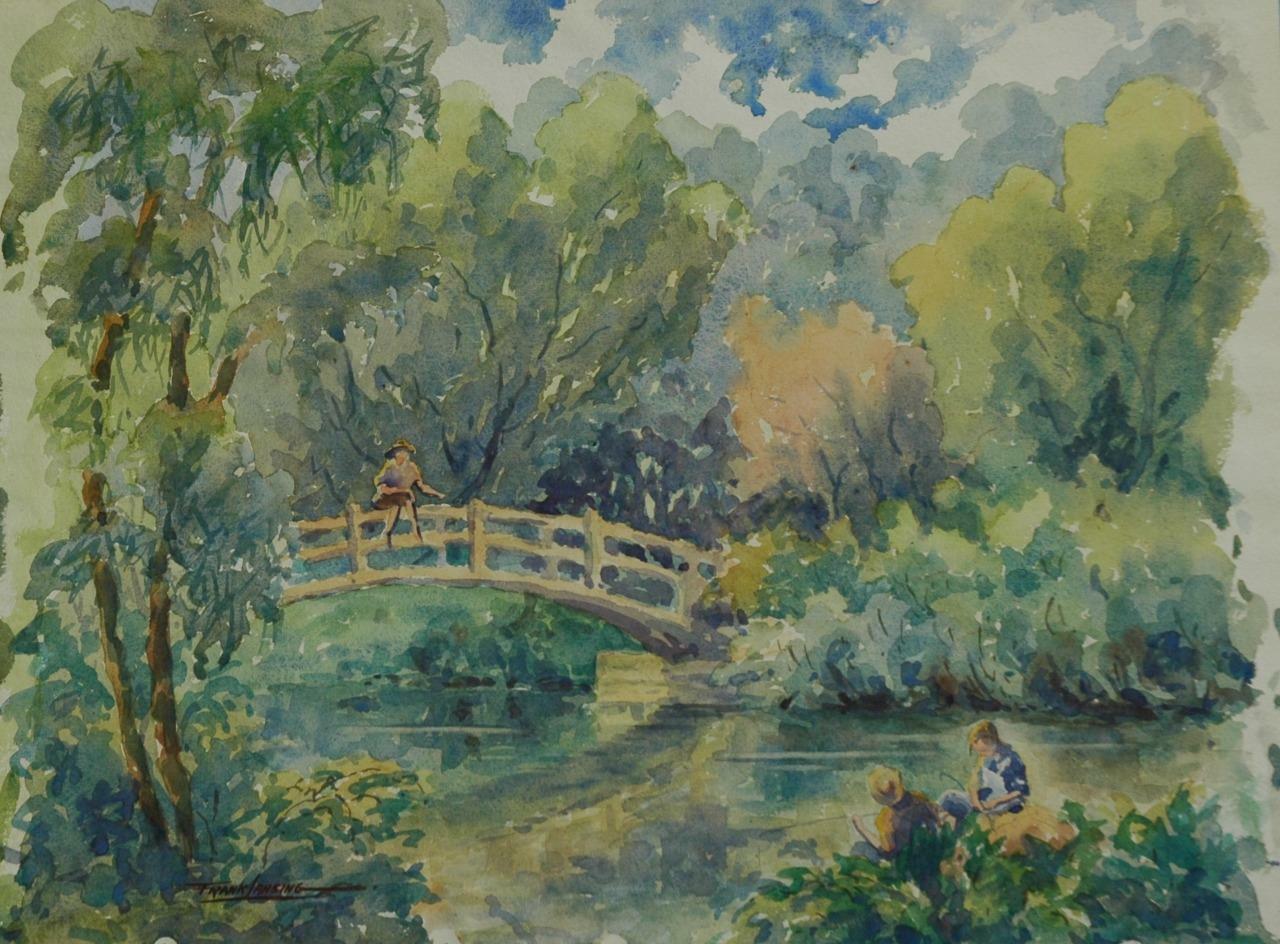 Vintage Watercolor of A Bridge Over a Stream w/ Boys & A Girl by Frank Lansing