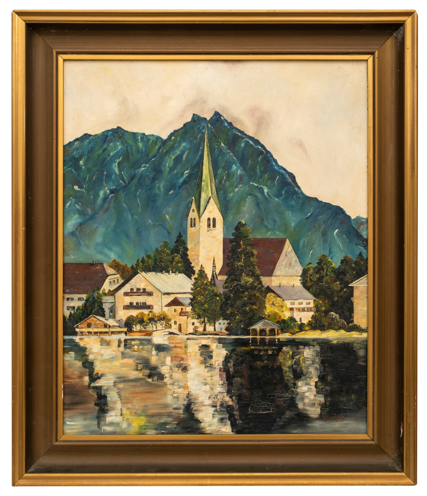 Bavarian Mountain Painting, Town of Egern, signed Frauenkron, Framed