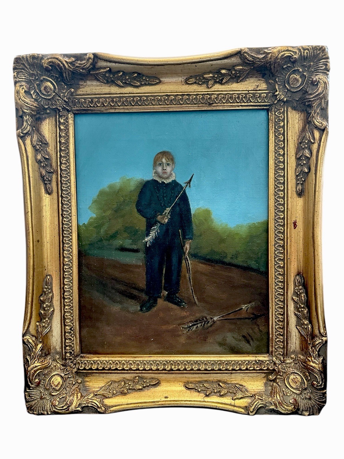 19th C Oil painting European Boy with Bow & Arrow Windsor Newtons London Art