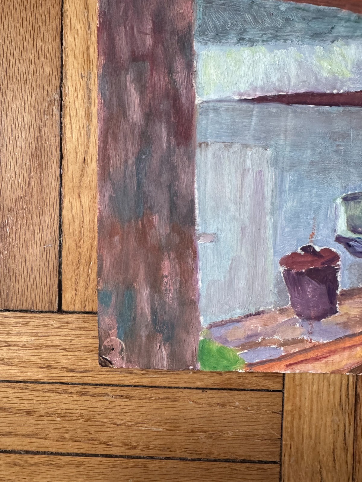 Vintage Painting Acrylic Cardboard Interior Basement Scene Peter Feldman 8.5×11