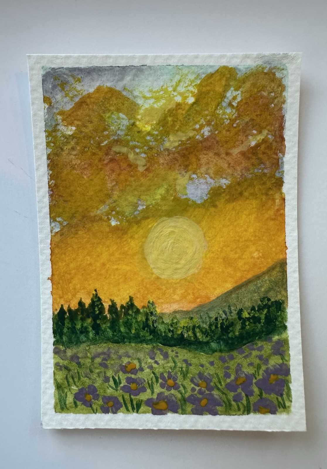 Original Small Impressionist Sunset Landscape Painting Flowers on Paper Unframed