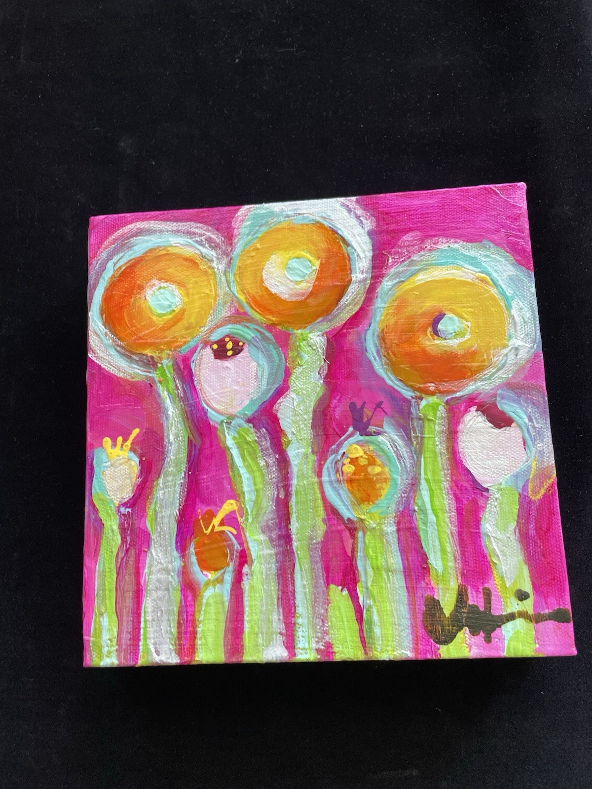 Poppies On Fuscia “ AnOriginal Acrylic Painting 8”x8”x1.5”On Canvas.