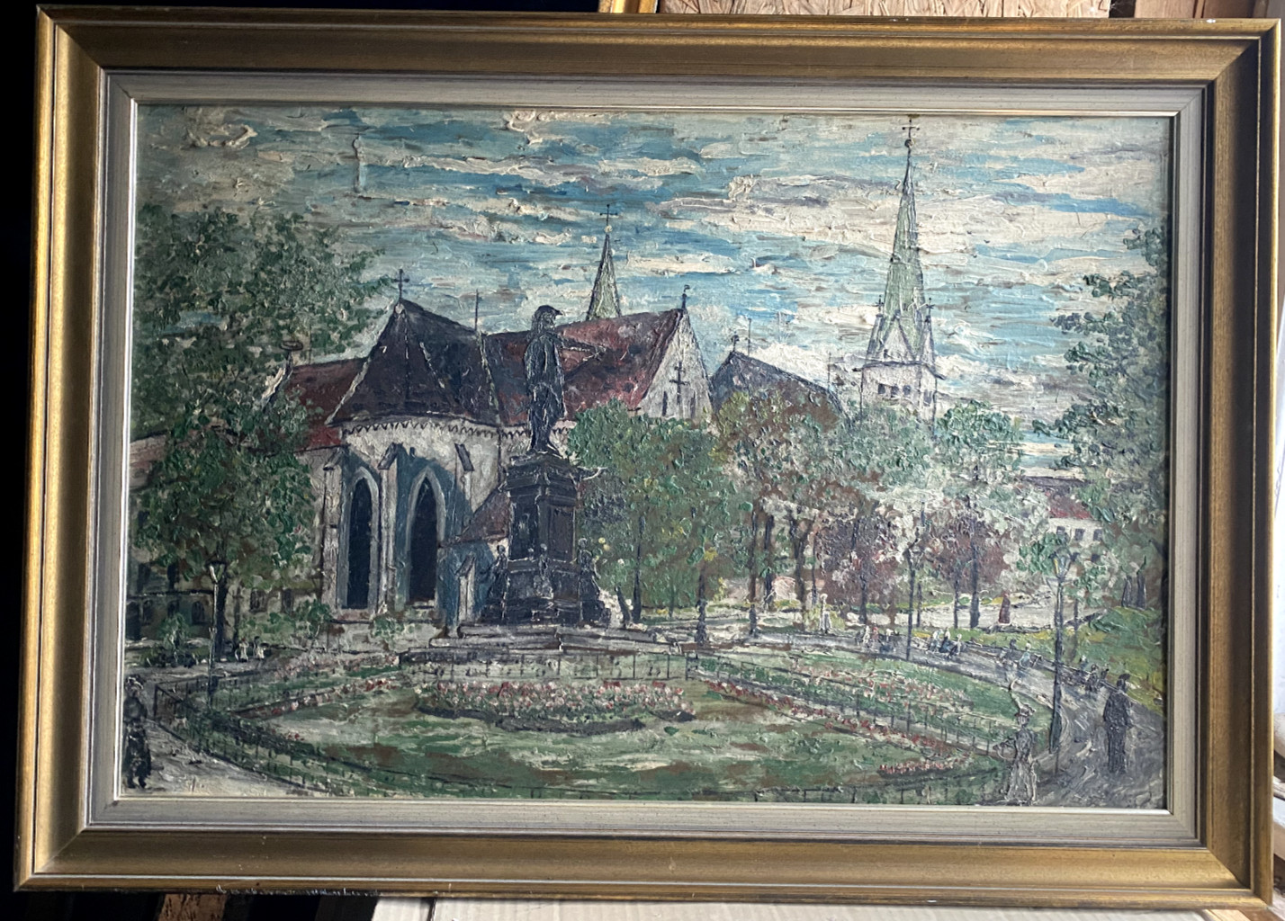 Gothic Church Memorial Painting Framed, Signed, Oil, 83×59 cm
