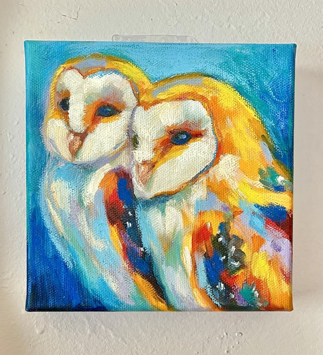 Original Oil Vibrant Barn Owl Painting, OOAK, 6x6in, Bird, Art by Melody Madia